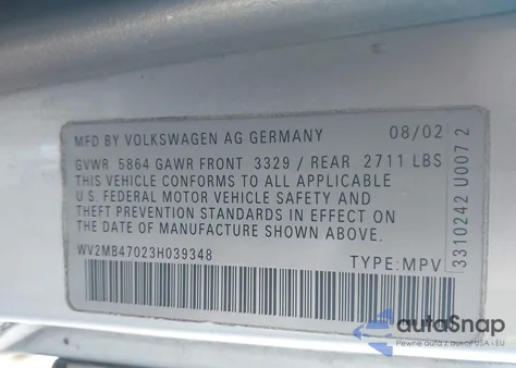 2003 Volkswagen Eurovan Mv z USA, uszkodzony, nr VIN WV2MB47023H039348